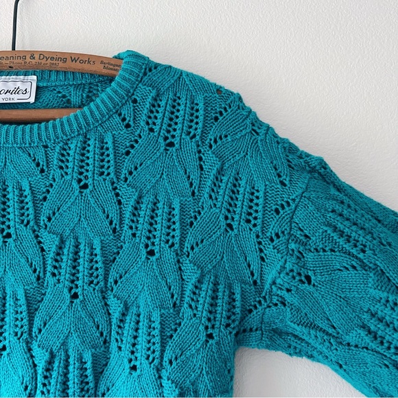 Womens vintage 80s/90s solid teal long sleeve textured‎ cotton sweater M - Picture 3 of 6